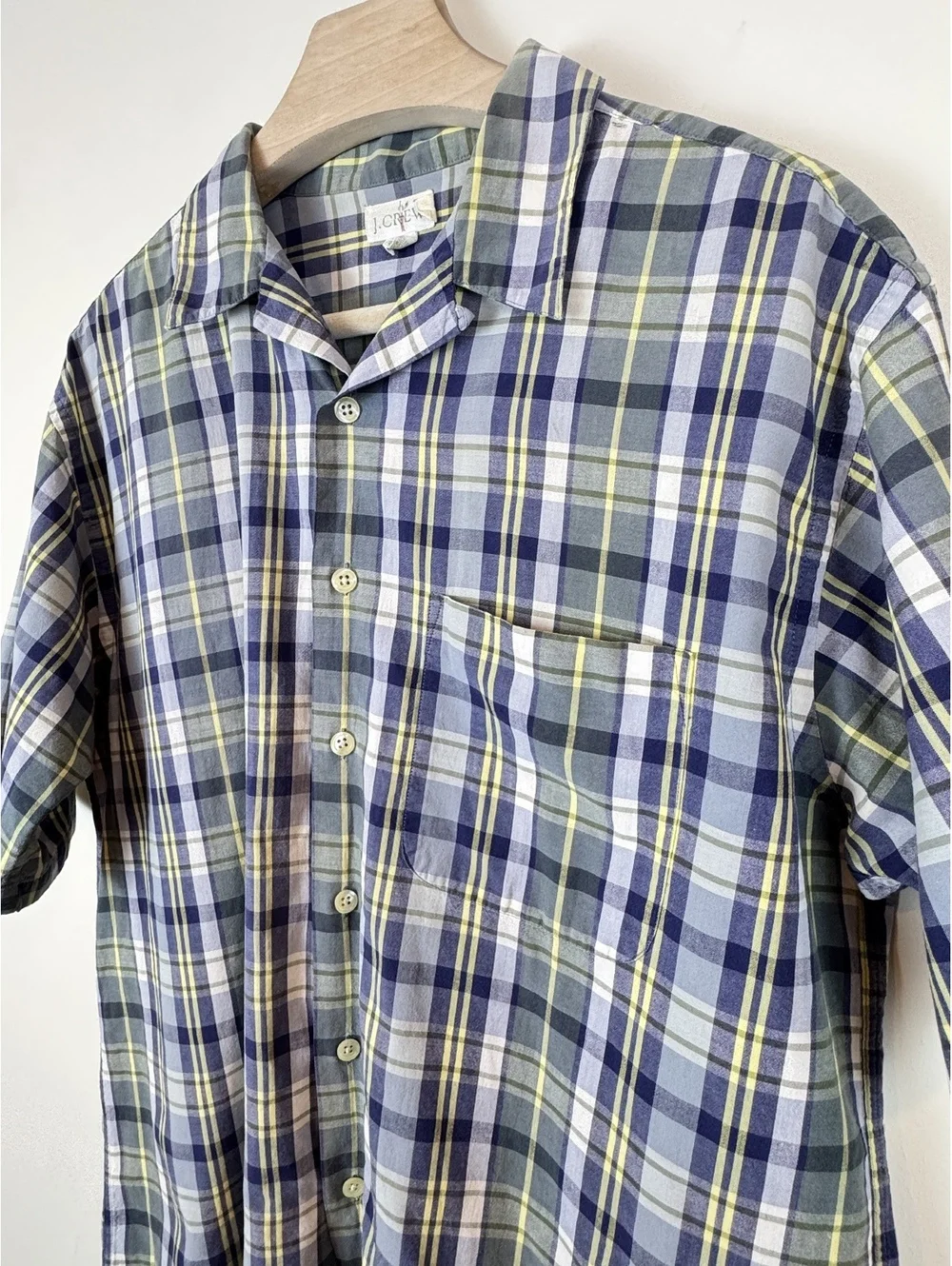 Vintage J.Crew Men’s M Plaid Short Sleeve Cotton Camp Shirt Blue Green 90s